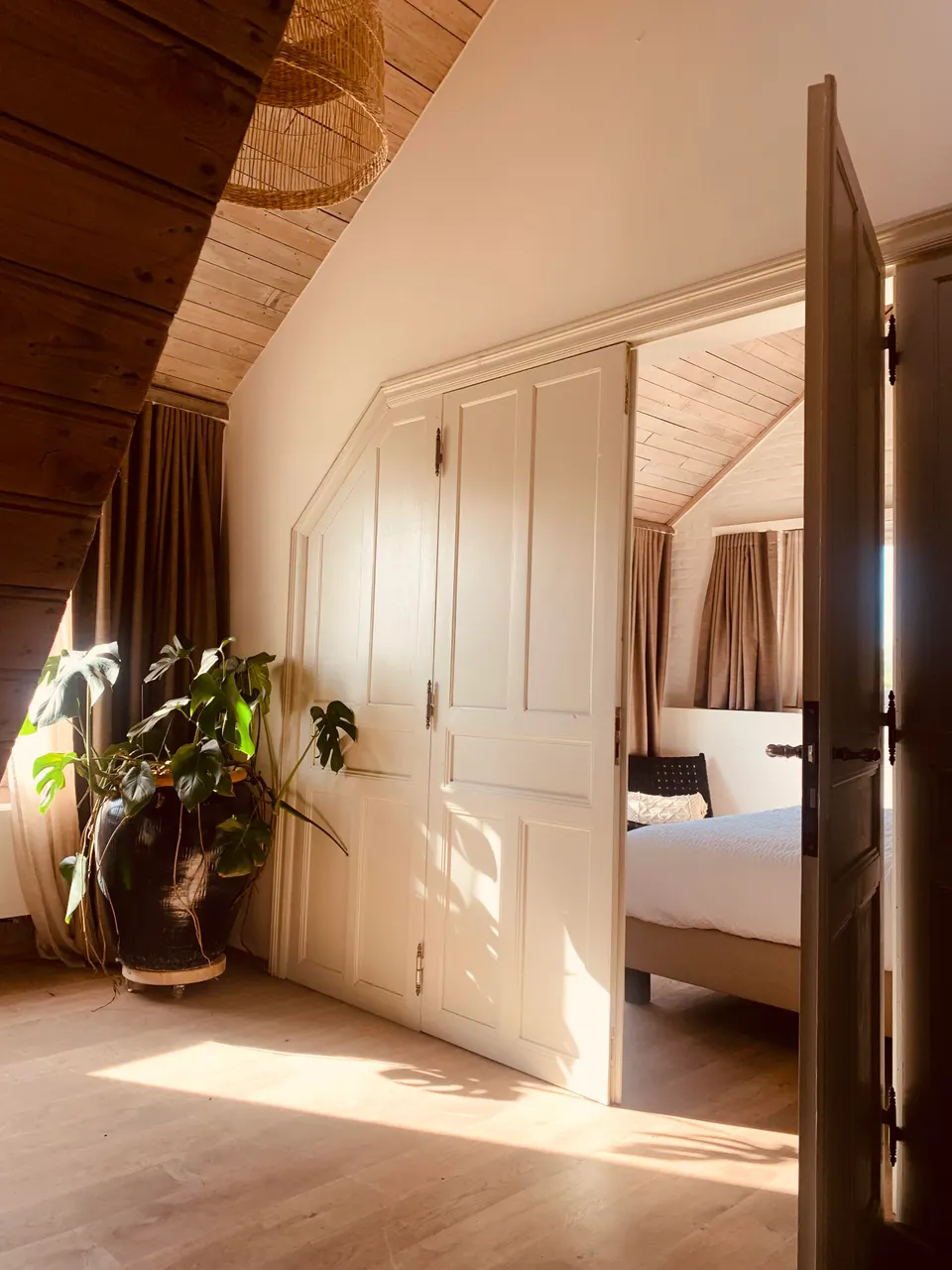 Attic landing with white cupboard doors and a monstera, a bedroom visible through an open door
