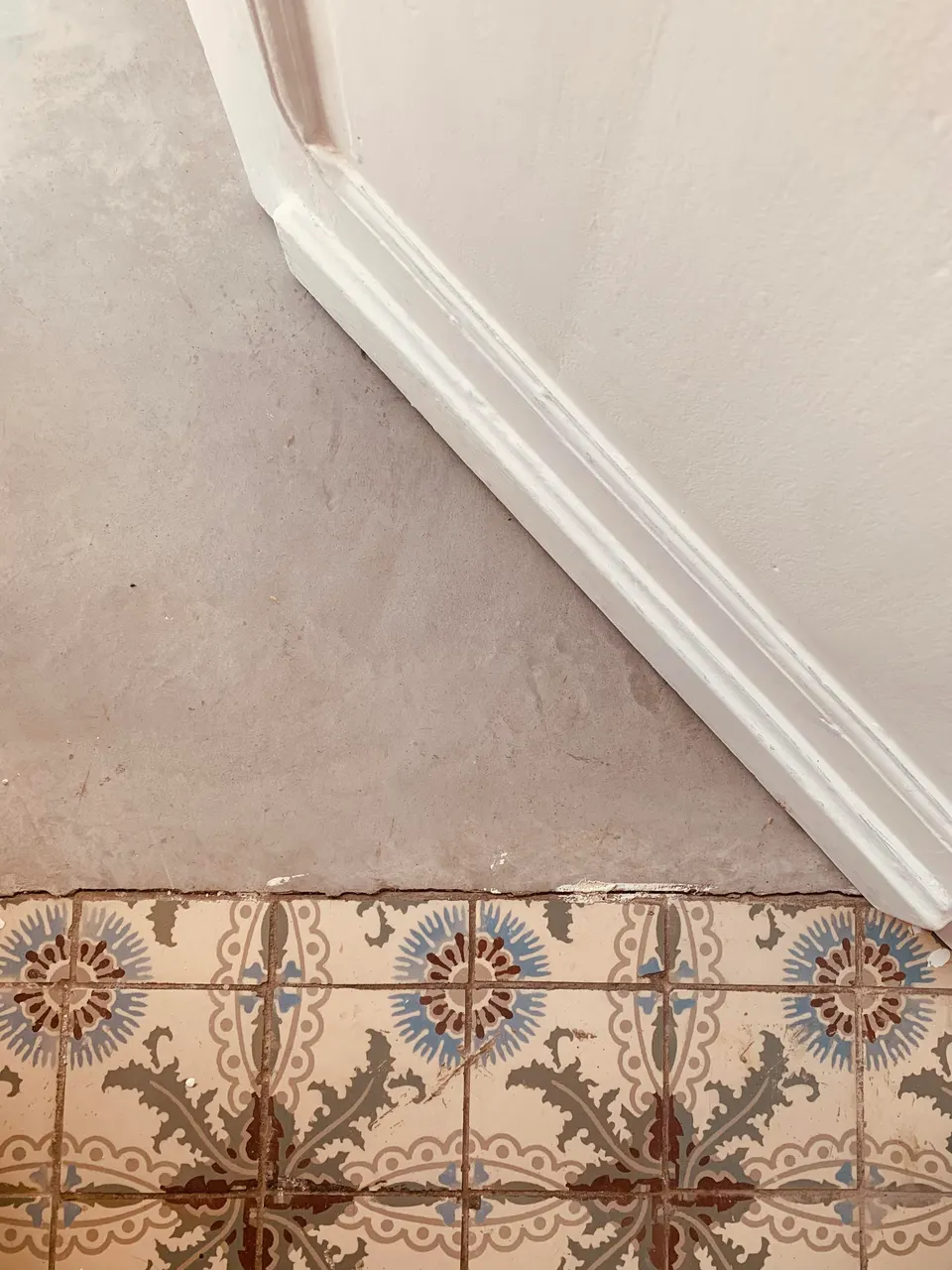 Old floral cement tiles at the edge of a pale floor, next to a white door frame