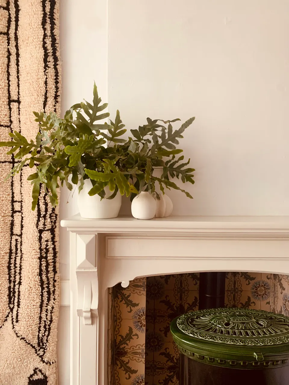 Ferns in white pots on a white mantelpiece, with a green stove between old tiles below