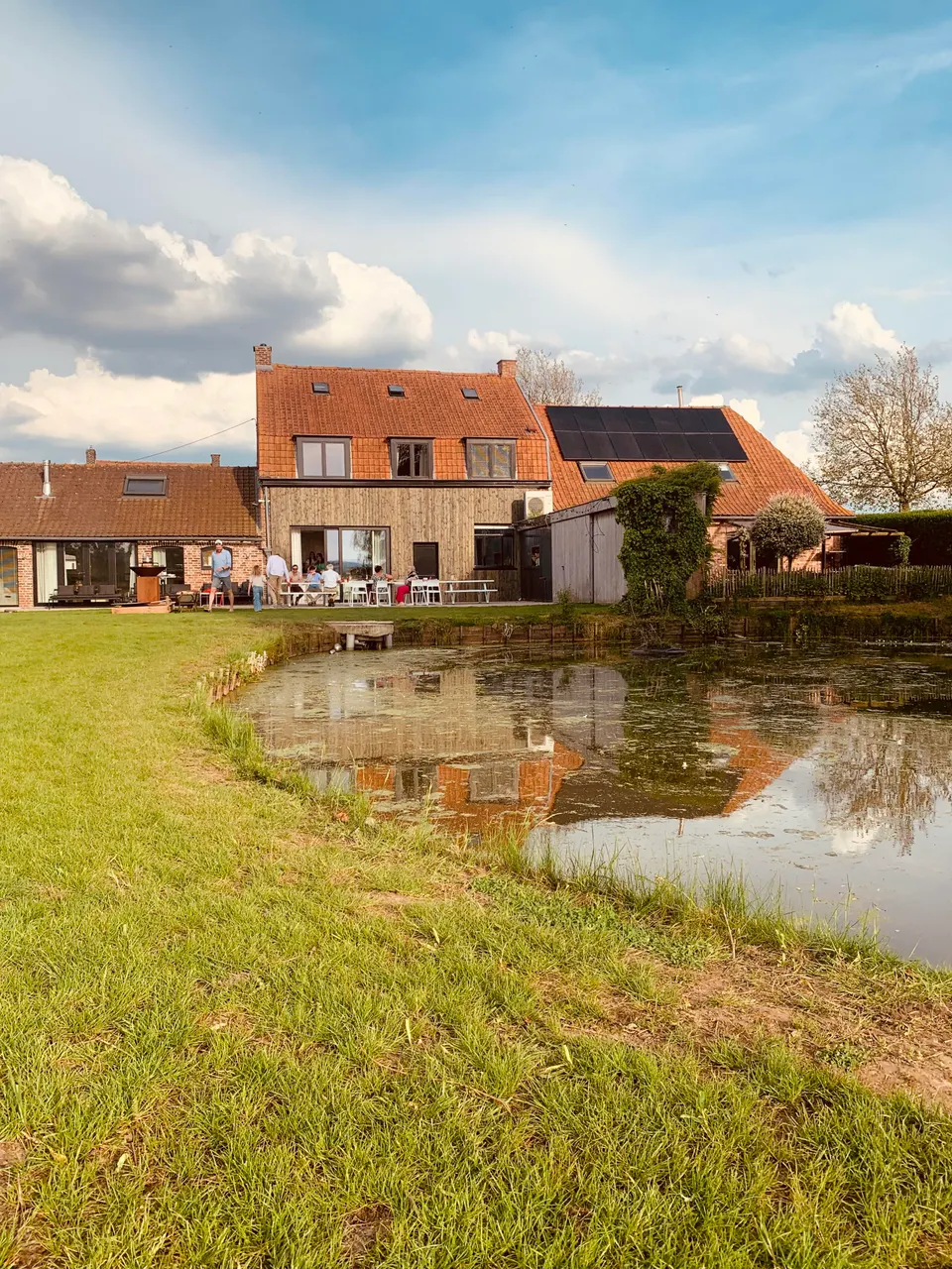 The house with its timber rear facade and solar panels, seen from the grassy edge of the pond