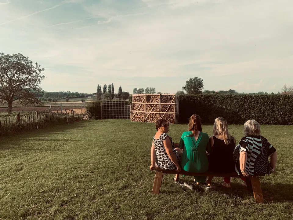 Four women on a wooden bench in the garden, looking out over the fields, beside a large woodpile